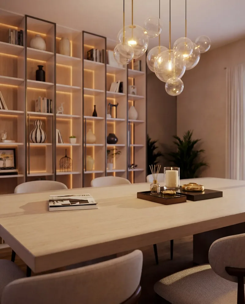 Renderistico Atelier: interno con libreria e lampade a sospensione